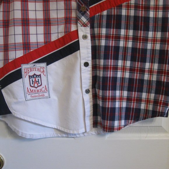 Denim Distillery Mens Short Sleeve Patchwork Plaid Shirt sz L Red White Blue - Picture 4 of 11